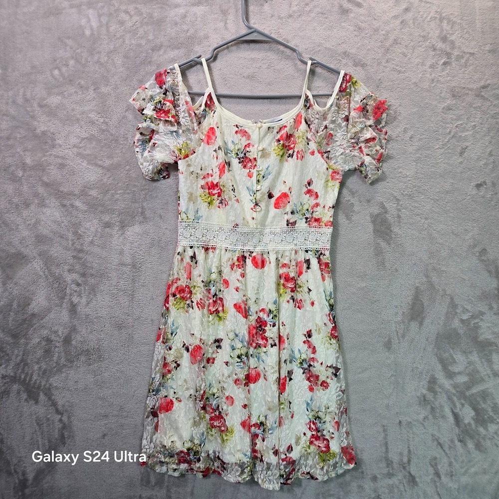 Disney Beauty And The Beast Dress Womens XS Cream Floral Cold Shoulder Back Zip